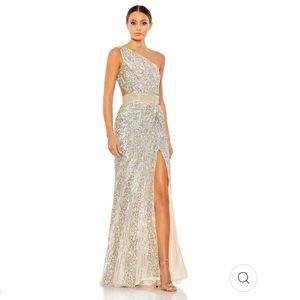 Mac Duggal SEQUINED ONE SHOULDER DRAPED LACE UP GOWN